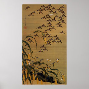 4. 秋 塘 群 図, 若 冲 Flock von Sparrows, Jakuchū Poster