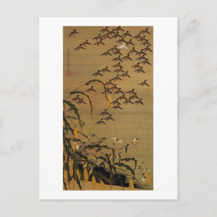 4. 秋 塘 群 図, 若 冲 Flock von Sparrows, Jakuchū Postkarte