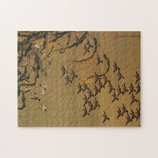 4. 秋 塘 群 図, 若 冲 Flock von Sparrows, Jakuchū Puzzle (Horizontal)