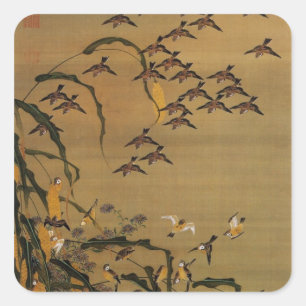 4. 秋 塘 群 図, 若 冲 Flock von Sparrows, Jakuchū Quadratischer Aufkleber