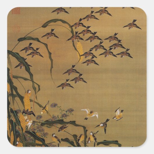 4. 秋 塘 群 図, 若 冲 Flock von Sparrows, Jakuchū Quadratischer Aufkleber (Vorderseite)