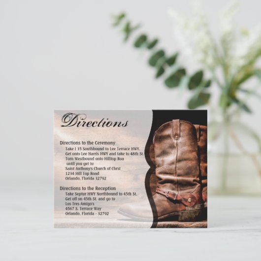 4.25x5.5 Direction Card Cowboy Boots Barn Wood Rus Einladung (Stehend Vorderseite)