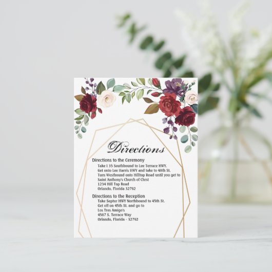 4.25x5.5 Direction Card White Roses Gold Geometric Einladung (Stehend Vorderseite)