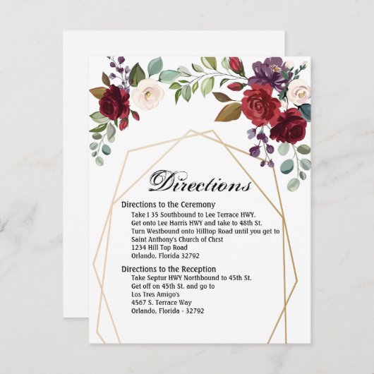 4.25x5.5 Direction Card White Roses Gold Geometric Einladung (Vorne/Hinten)