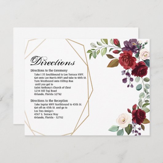 4.25x5.5 Direction Card White Roses Gold Geometric Einladung (Vorne/Hinten)