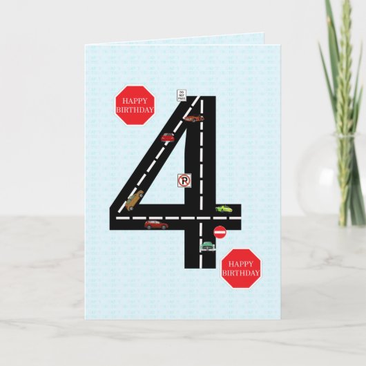 4., 4. Geburtstag, Spielzeugautos und Straße Karte (Vorderseite)