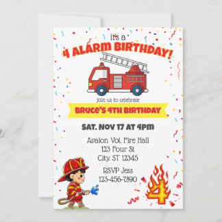 4 Alarm Fire Fighter 4th Birthday Einladung