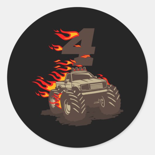 4 BIRTHDAY MONSTER TRUCK 4th Birthday Boy Truck Runder Aufkleber (Vorderseite)