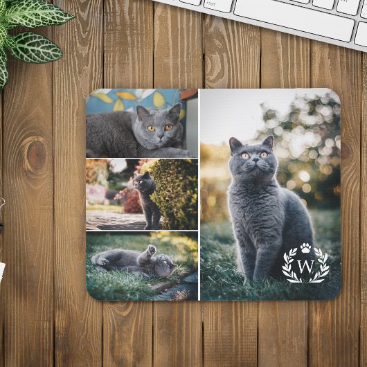 4 Cat Foto Collage Paw Laurel Wreath Monogramm Mousepad