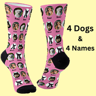 4 Dogs, 4 Names, Dog Photo - Personalized Pink Socken