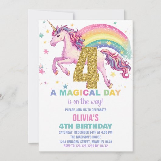 4. Einhorn Einladung zum Geburtstag (Vorderseite)