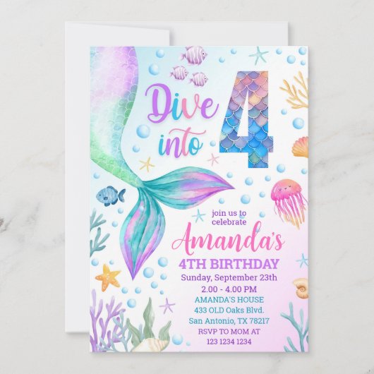 4. Einladung Mermaid, tauchen Sie in vier mermaid  (Vorderseite)