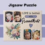 4 Enkelkinder Foto lila Puzzle<br><div class="desc">Genießen Sie den Tag mit unserem schönen Blumenpuzzle! Dieses Puzzle mit vier wunderschönen Foto-Spielplätzen, um Ihre Lieblingserlebnisse bei Großkindern zu präsentieren, ist der perfekte Weg, um Ihre Familie zu feiern. Verziert mit lebendigen Blume und der herzlichen Botschaft "Das Leben ist besser mit den Enkelkindern" in stylish schwarzem Text, ist es...</div>