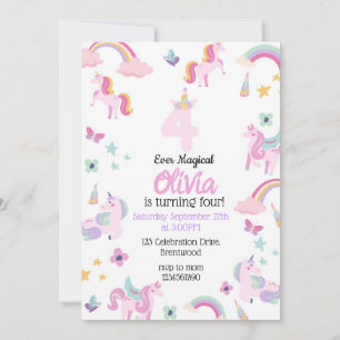 4 ewig magisches, Einhorn Geburtstag, Regenbogen  Einladung