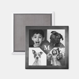 4 Familienfotos Collage Schwarzes Tafel-Monogramm Magnet