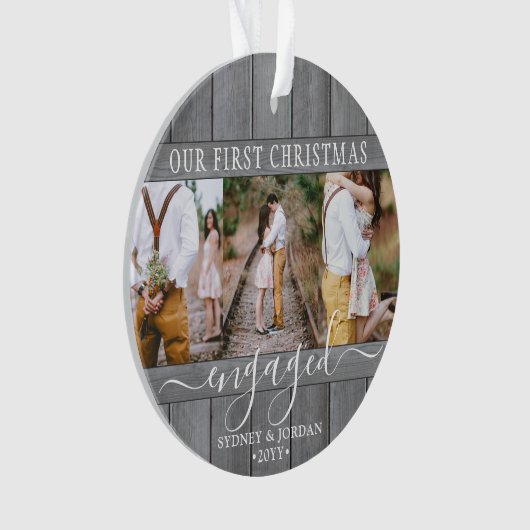 4 Foto 1. Weihnachten Verlobt Graue Imitate Holzru Ornament (Vorderseite)