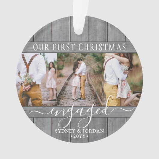 4 Foto 1. Weihnachten Verlobt Graue Imitate Holzru Ornament (Vorderseite)