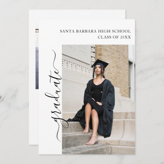 4 Foto Abschluss Collage Black and White Script Einladung (Vorne/Hinten)