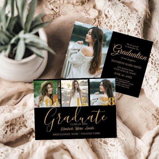 4 Foto Abschluss Collage Einfaches Gold Script Ankündigung