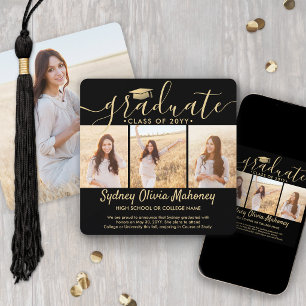 4 Foto Abschluss Collage Modern Schwarz und Gold Ankündigung
