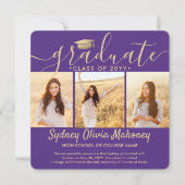 4 Foto Abschluss Collage Modernes Lila und Gold Ankündigung (Vorderseite)