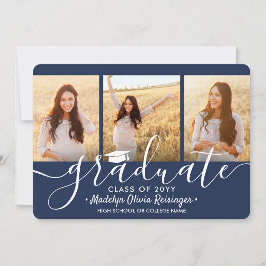 4 Foto Abschluss Collage Script Navy Blue White Ankündigung (Vorderseite)