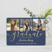 4-Foto-Abschluss-Collage-Script Navyblau und Gold Ankündigung (Stehend Vorderseite)