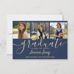 4-Foto-Abschluss-Collage-Script Navyblau und Gold Dankeskarte
