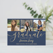 4-Foto-Abschluss-Collage-Script Navyblau und Gold Dankeskarte (Stehend Vorderseite)