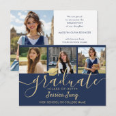 4-Foto-Abschluss-Collage-Script Navyblau und Gold Dankeskarte (Vorne/Hinten)