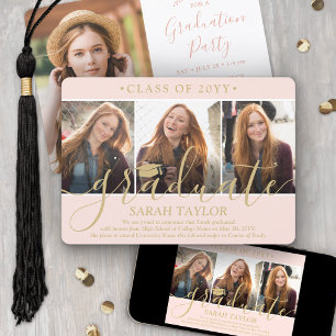 4 Foto Abschlussfeier Blush Rosa & Gold Schriftzug Einladung