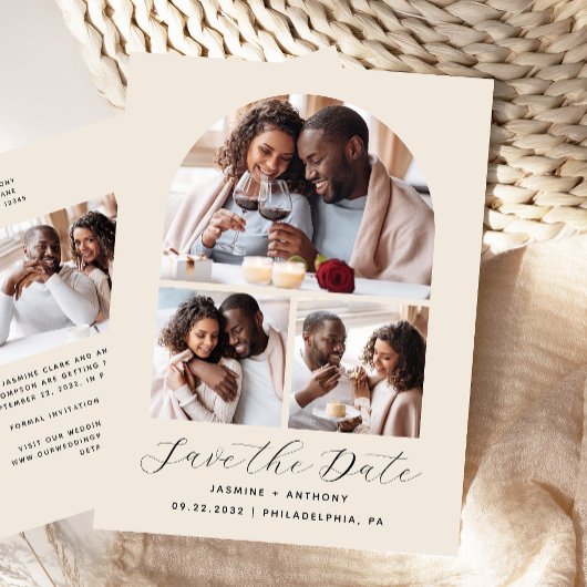 4-Foto-Arch Collage Beige Save the Date Postkarte