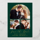4-Foto Arch Emerald Green Gold Save the Date Folieneinladung (Vorderseite)