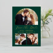 4-Foto Arch Emerald Green Gold Save the Date Folieneinladung (Stehend vorne)