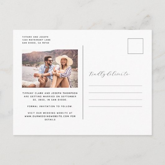 4 Foto Arch Navy Blue Save the Date Postkarte (Rückseite)