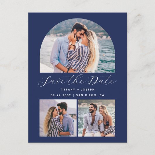 4 Foto Arch Navy Blue Save the Date Postkarte (Vorderseite)