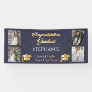 4 Foto Blau Gold Gratuliere Absolvent Name Schule Banner
