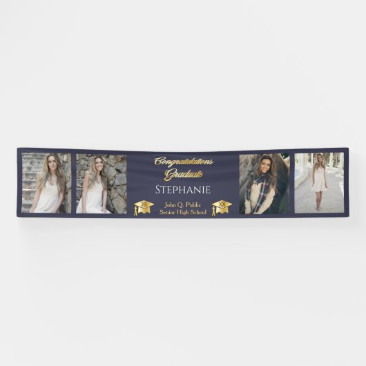 4 Foto Blue Gold Glückwunschs Graduate Name School Banner (Horizontal)