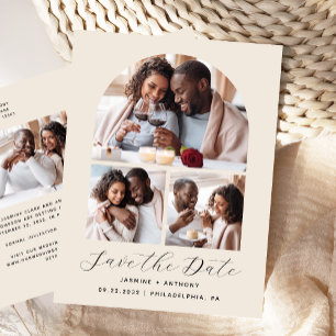 4-Foto-Bogen-Kollage Beige Save-the-Date Postkarte