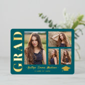 4 Foto Collage Aquamarin & Gold Foil Grad Card Folieneinladung (Stehend vorne)