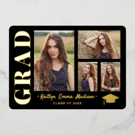4 Foto Collage Black & Gold Foil Grad Card Folieneinladung