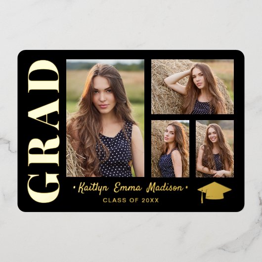 4 Foto Collage Black & Gold Foil Grad Card Folieneinladung (Vorderseite)