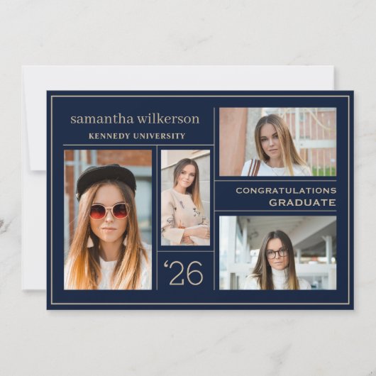 4 Foto Collage Blue & Gold Glückwunschs Graduate Ankündigung (Vorderseite)
