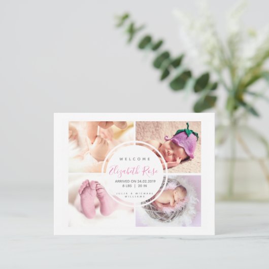 4 Foto Collage Circle Neugeborene Baby Girl Postkarte (Stehend Vorderseite)