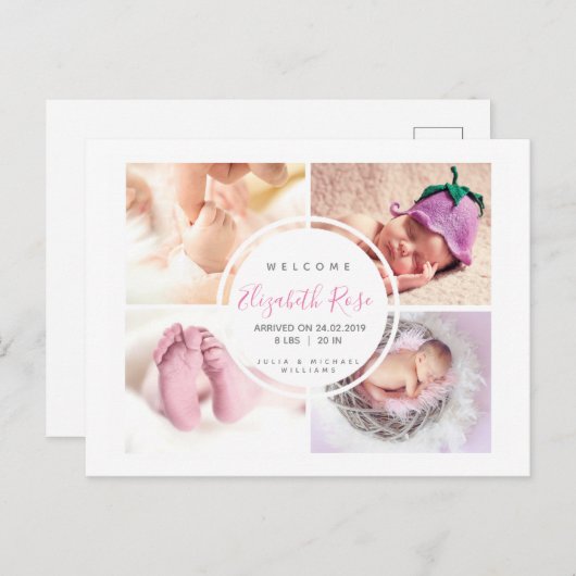 4 Foto Collage Circle Neugeborene Baby Girl Postkarte (Vorne/Hinten)