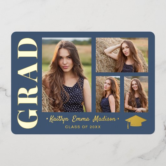 4 Foto Collage Dusty Blue & Gold Foil Grad Card Folieneinladung (Vorderseite)