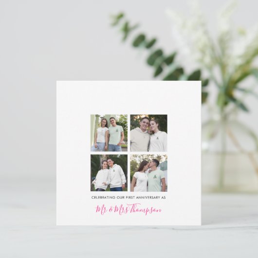 4 Foto Collage Erste Jubiläumsfeier Custom Pink Karte (Stehend Vorderseite)