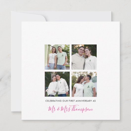4 Foto Collage Erste Jubiläumsfeier Custom Pink Karte (Vorderseite)