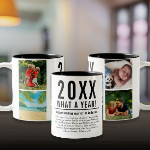 4-Foto-Collage-Familien-Jahresrückblick Modern Zweifarbige Tasse