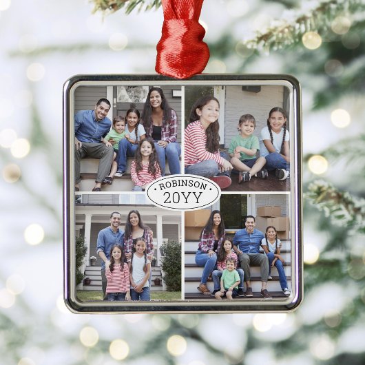 4 Foto Collage Familienname & Jahr Einfach weiß Ornament Aus Metall